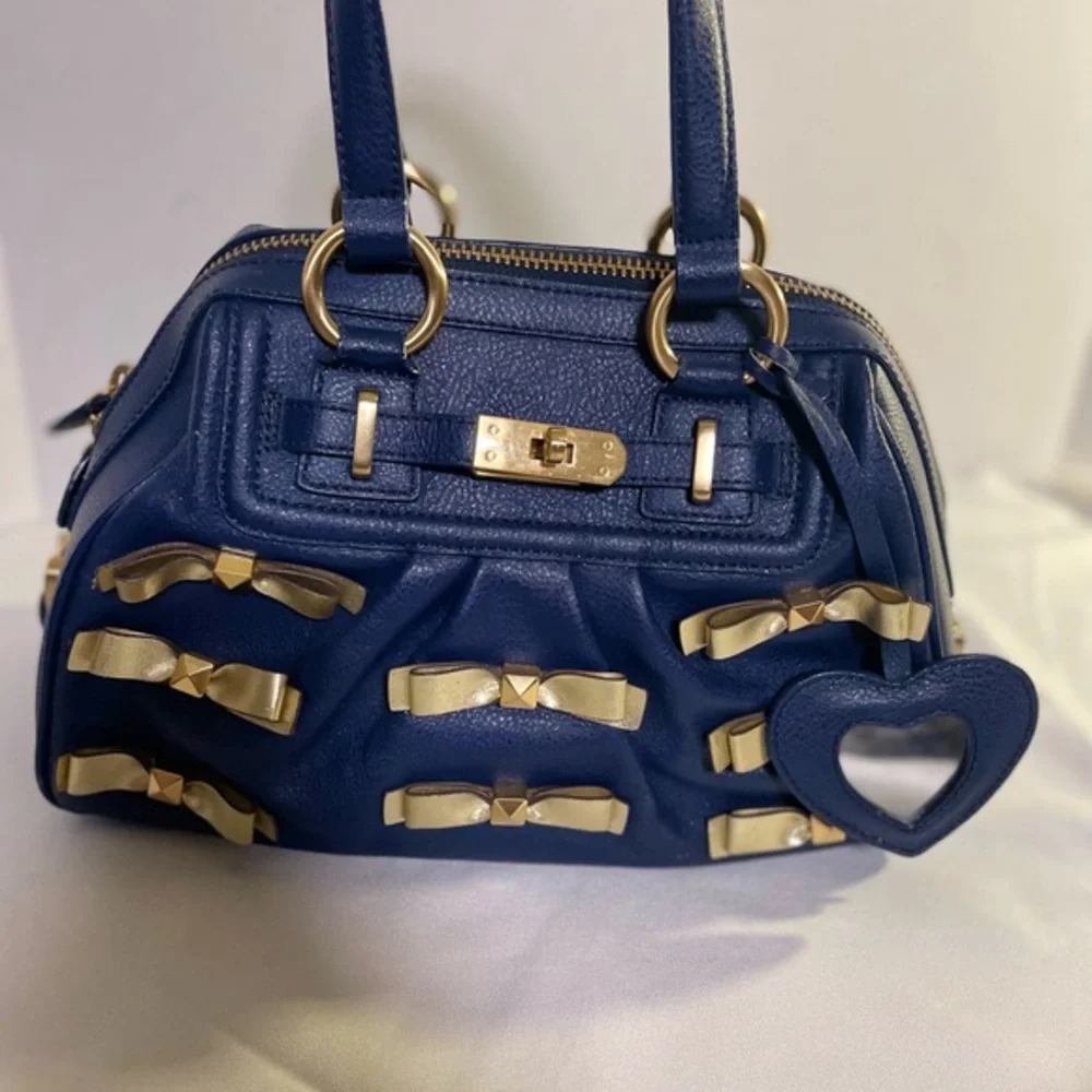 🟢 Samantha Thavasa Bow-Embellished Satchel / Boston Bag Navy Blue, Gold Hardware